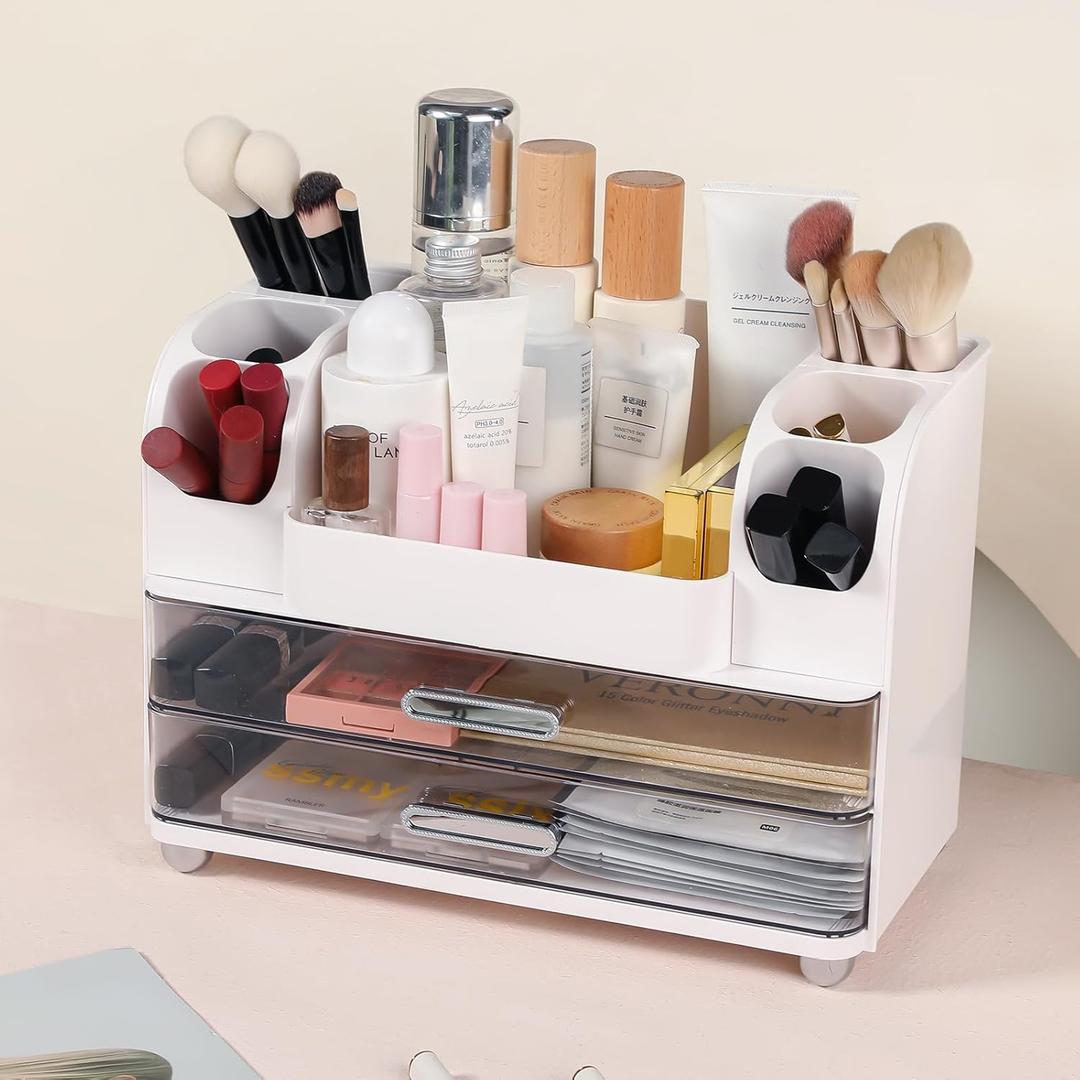Makeup Organizer, Desk Organizer with 2 Large Drawers, Cosmetics Storage Box for nail polish,Lipstick, Brushes, Jewelry, Skincare, Bathroom Organization Boxes