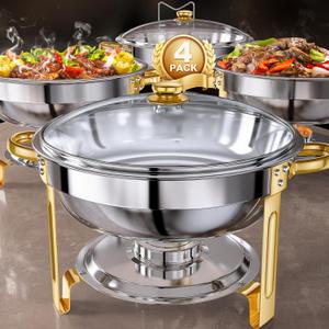 Chafing Dishes for Buffet Set: 100% Pre-Installed Chafers for Catering - Round Chafing Dish Buffet Set with Lids | Chafers and Buffet Warmers Sets | Serving Food Warmer | Chafers Servers Sets (4 pack)
