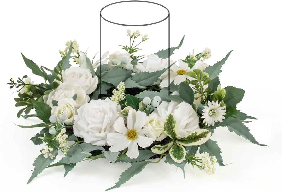 WELL KNOWN Artificial Flower Candle Rings Wreath, 12" Small White Fall Wreath for Candles & Candleholders, Autumn Winter Centerpieces for Home Table Decor
