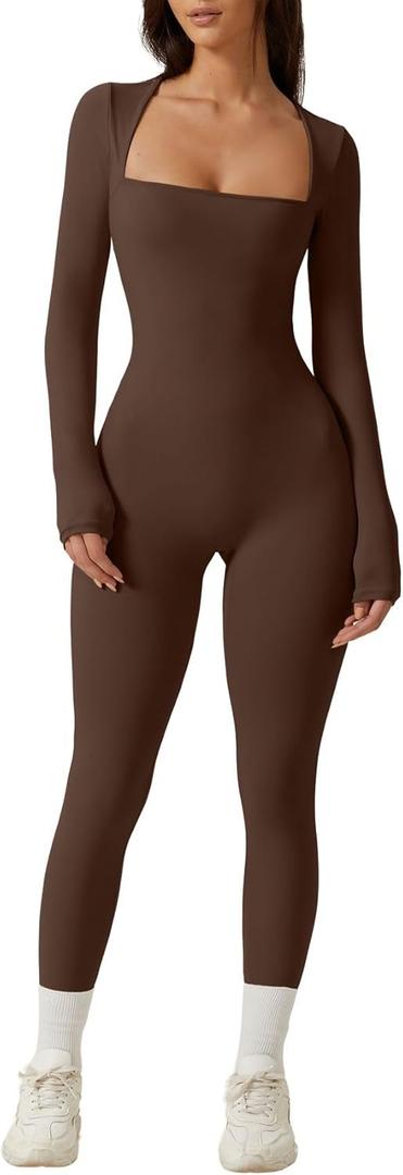 QINSEN Womens Sexy Square Neck Long Sleeve Full Length Leggings Bodycon Stretch Jumpsuit (Large, Brown)