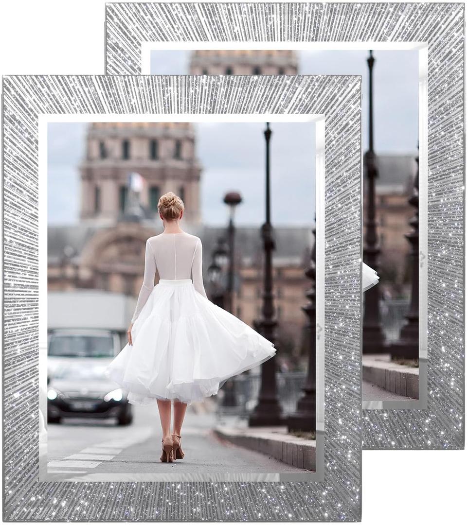 8.5x11 Glass Picture Frame Set of 2, Glitter Photo Frame for Tabletop or Wall Display, Spaekle 8.5 by 11 Silver Wedding Frame