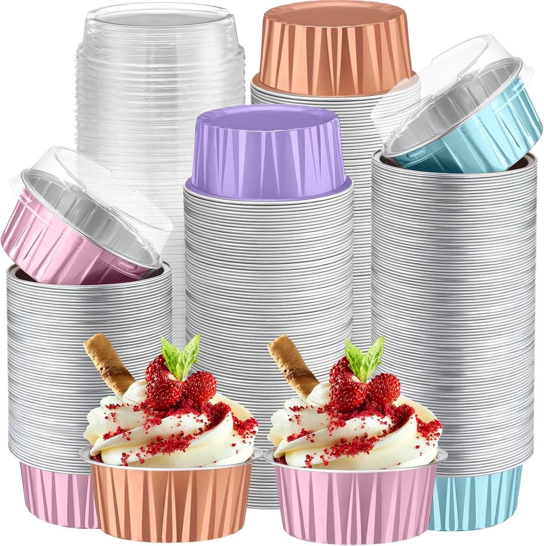 200 Pack Aluminum Foil Cupcake Liners with Lids,5 oz Round Baking Cup for Wedding Party, Disposable Tart Pie Ramekin, Mini Cake Tins Container for Pudding (Champagne, Pink, Light Purple, Blue) 200 Pack Aluminum Foil Cupcake Liners with Lids,5 oz Round Baking Cup for Wedding Party, Disposable Tart Pie Ramekin, Mini Cake Tins Container for Pudding (Champagne, Pink, Light Purple, Blue)