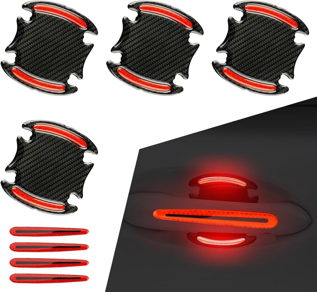Pack-8 Car Door Handle Door Bowl Sticker, 3.2" x 3.5" + 0.5" x 3.5" Carbon Fiber Textured Flexible Reflective Warning Decals, Paint Scratch Protection Covers, Universal for Cars (Red & Black)