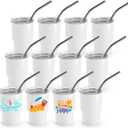 Joyclub 3 oz Mini Tumbler Shot Glass with Straw and Lid 12 Pack White Mini Cup Stainless Steel Sublimation Shot Tumblers for Wedding Party Whiskey Favors