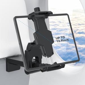 KDD Airplane Tablet Holder Mount, Adjustable Travel Essentials iPad Phone Stand with 360 Degree Rotation, Portable Tesla Model 3/Y Car Headrest Mount Compatible with iPad, Cell Phone (4.7"-12.9")