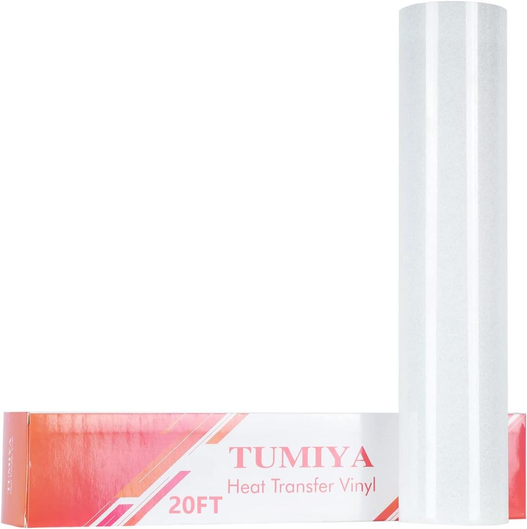 TUMIYA Glitter White HTV Vinyl - 12' x 20 Ft Glitter Heat Transfer Vinyl Rolls, White Iron On Vinyl for DIY Design