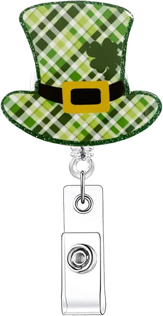 2 x St. Patricks Day ID Badge Reels Green Hat Shape Badge Reels Retractable Plaid Deigns Nurse Badge Reel, Badge Holder Retractable Clip, Badge Reels Retractable for Nurses, Medical Worker, Teacher 1 Pcs
