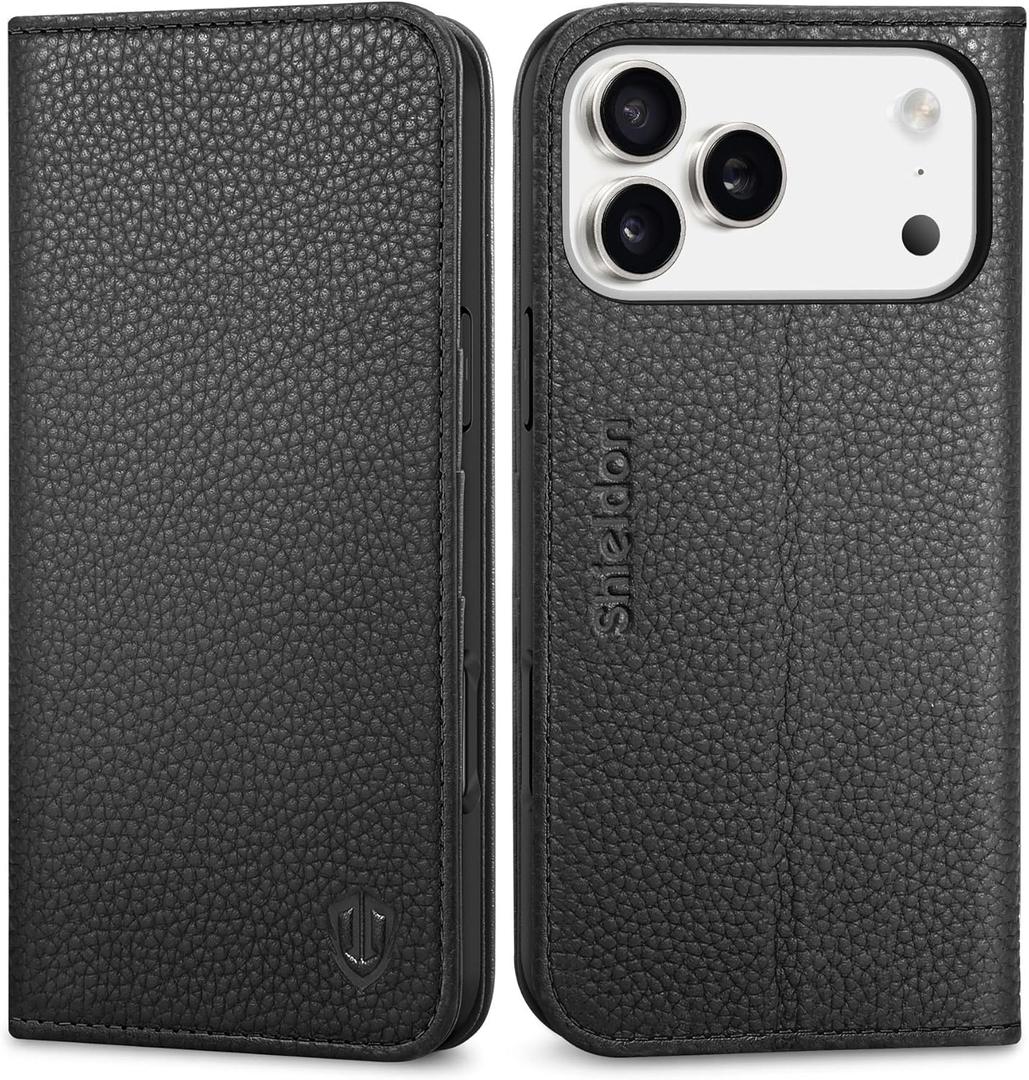 SHIELDON Real Leather Case Wallet for iPhone 17 Pro Max 6.9-inch | Foldable, Kickstand, RFID Blocking Credit Card Slot, Magnetic Closure, TPU Protective Inner Cover 5G 2025 - Pebbled Black
