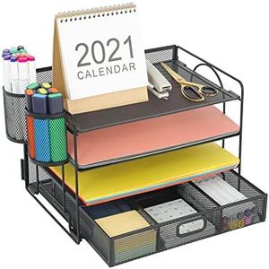 Marbrasse Desk Organizer and Accessories4-Tier Paper File Letter Tray Accessories & Workspace Desk Organizers with Drawer and 2 Pen Holders for School Home Office Supplies (Black)