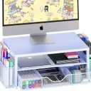OPNICE Desk Organizers and Accessories, 2-Tier Computer Monitor Stand Riser with Drawer and 2 Pen Holders, Laptop Stand, Office Desk Accessories for Office Supplies, Blue