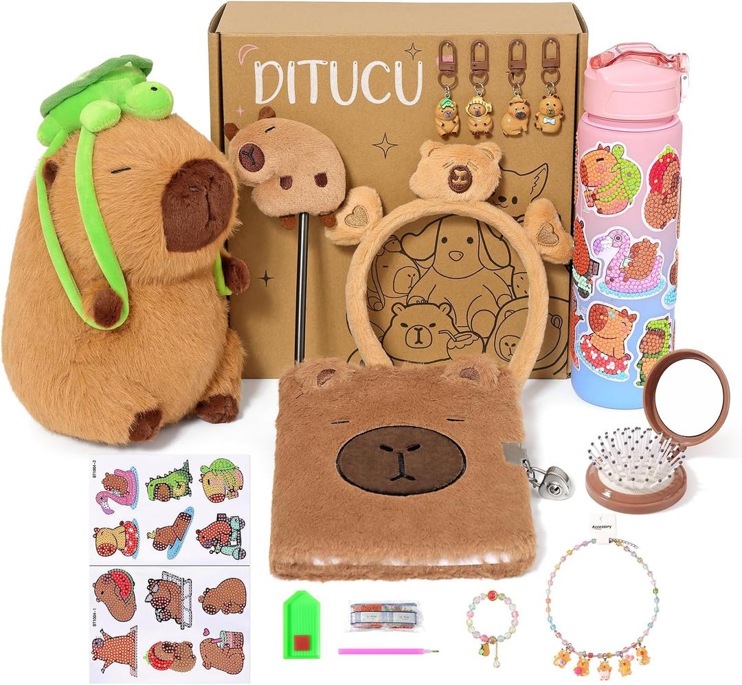Ditucu Turtle Capybara Plush Gifts for Girls 4 5 6 7 8 9 10 Years Old with Stuffed Animal/Stickers/Water Bottle/Keychains/Diary/Pen/Headband/Comb/Necklace/Bracelet Plushies Toys Set
