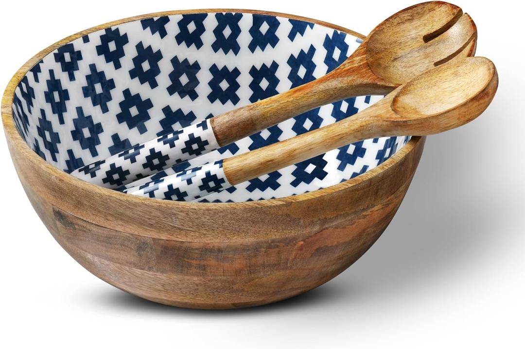 Folkulture Salad Bowl or Wooden Bowls with Serving Tongs, Large for Fruits, Cereal or Pasta, Large Mixing Bowl Set, 12" Diameter x 5" Height, Mango Wood, Blue