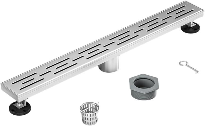 24 Inch Rectangular Linear Shower Drain Set with Brick Pattern Grate, 304 Stainless Steel Bathroom Floor Drain with Hair Catcher, Shower Floor Drain Includes Adjustable Leveling Feet