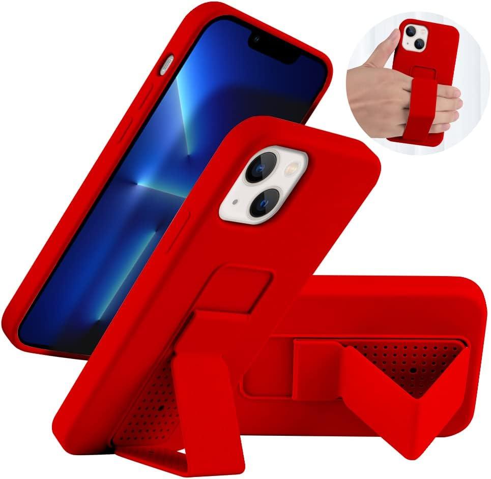 LAUDTEC Silicone Kickstand Case Compatible with iPhone 13, Vertical and Horizontal Stand Hand Strap Metal Kickstand Cover, Flexible Soft Liquid Silicone Stand Case for iPhone 13 (Red)