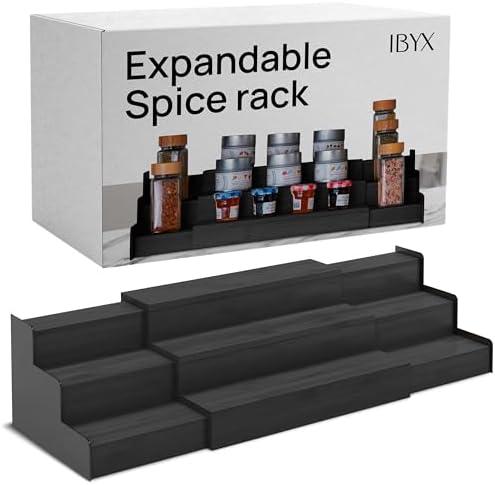 Bamboo  Rack Organizer for Cabinet - Expandable Bamboo Spice Storage - Non-Skid Countertop Step Spice Shelf - Great for Kitchen Cabinet, Countertop, Cupboard, Pantry (Black) 12.70to 22.20inch