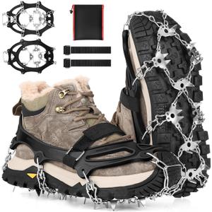 Ice Cleats for Shoes and Boots 32-Spike Stainless Steel Anti-Slip Crampons, Microspikes for Hiking (Medium)