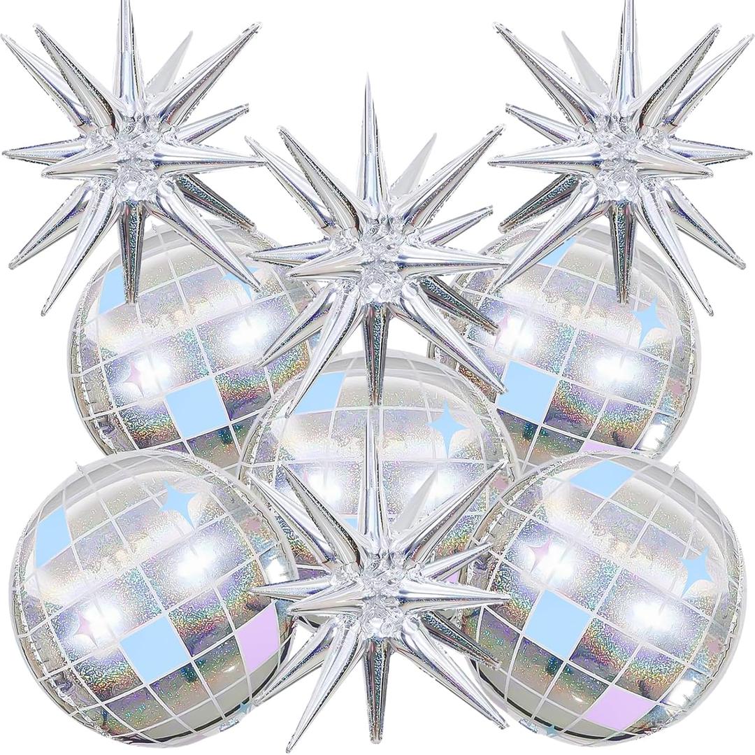 9Pcs Disco Ball Balloons Iridescent,22Inch Glitter Silver 4D Large Foil Disco Balloons with Explosion Star Balloon for Birthday Bachelorette 70s 80s 90s Disco Theme Party Decorations