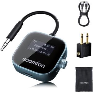 SOOMFON Airplane Bluetooth 5.3 Transmitter for 2 Airpods or Headphones 2-in-1 Airplane Bluetooth Adapter Receiver with LCD Display 3.5mm for Plane Flying Gym Car Home Stereo System