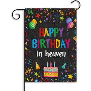 WATINC Happy Birthday in Heaven Garden Flag - Colorful Ribbons Funeral Memorial Flags for Sympathy, 12 x 18 Inch Linen Yard Decorations, Grave Cemetery Farmhouse Outdoor Decor Supplies (Black)