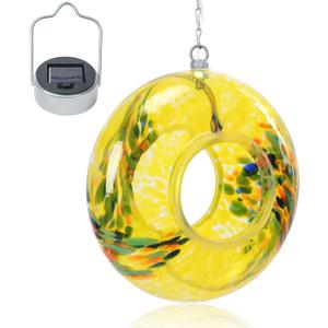 VCUTEKA Bird Feeder Solar Fly Through Bird Feeders for Outside Hanging with Round Shape Glass Container to Attract Wild Birds for Garden Decor, Yellow 8"