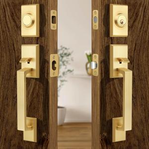 Moquin Double Front Door Lock Set, Brushed Gold Square Front Door Hardware Set with Dummy, Heavy Duty Door Handle with Deadbolt, Stain Brass Double Entry Door Lock Set with Reversible Handle