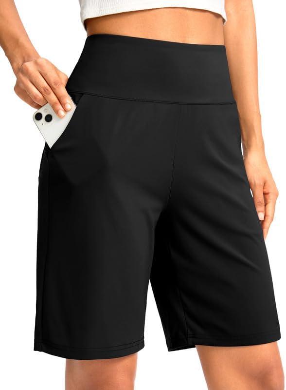 G Gradual Women's Bermuda Long Shorts with Pockets 9" High Waisted Knee Length Shorts for Women Walking Athletic Workout (Small, Black)