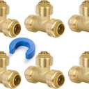 1/2" Pex Tee Pushfit, Push to Connect Brass Plumbing Fitting for Copper, CPVC, PEX Pipe, Brass Pex Fitting with Upgraded Stiffener, Disconnect Clip Included, NSF & UPC Certified, 6 Pack
