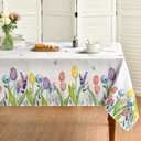 Horaldaily Spring Summer Tablecloth 60x84 Inch, Easter Watercolor Wild Flowers Tulip Lavender Blooming Floral Table Cover for Party Picnic Dinner Decor (White)