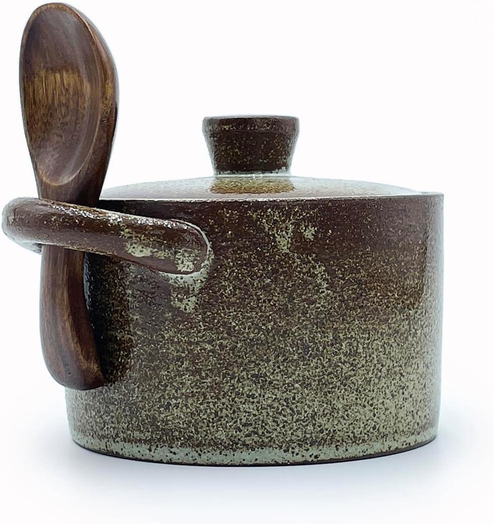 8 oz Ceramic Salt Cellar with Lid & Wooden Spoon,Countertop Salt Container,Sugar Bowl,Spices Jar|Terracotta Home Kitchen Decor(Coarse Pottery Color)