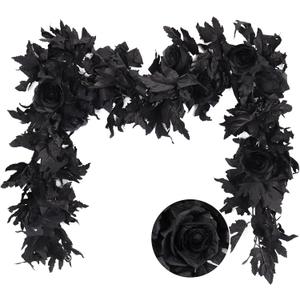 RECUTMS 2Pcs Black Artificial Rose Flower Garland 5.7Ft Halloween Fake Hanging Rose Vines Fall Black Maple Leaf Garland with Flowers for Autumn Thanksgiving Indoor Outdoor Home Fireplace Gothic Decor