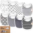 8-Pack Organic Baby Bibs for Boys, Girls - Soft Cotton Drooling and Teething Bibs for Baby Girl & Boy, Extra Absorbent, Easy To Clean & Put On for Toddler, Newborn, Infant 0-24 Months(Grayscale)