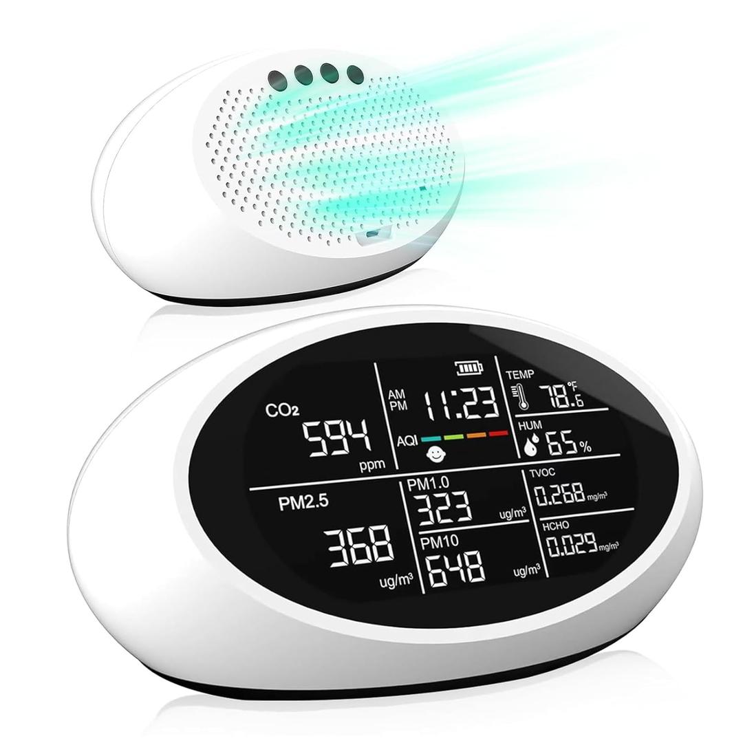 12 in 1 Air Quality Monitor Indoor, Portable CO2 Detector for CO2, Temperature (F), Humidity, VOC, PM2.5, PM1.0, PM10 & Time Display, Dual Chip & High Accuracy Air Quality Tester for Home