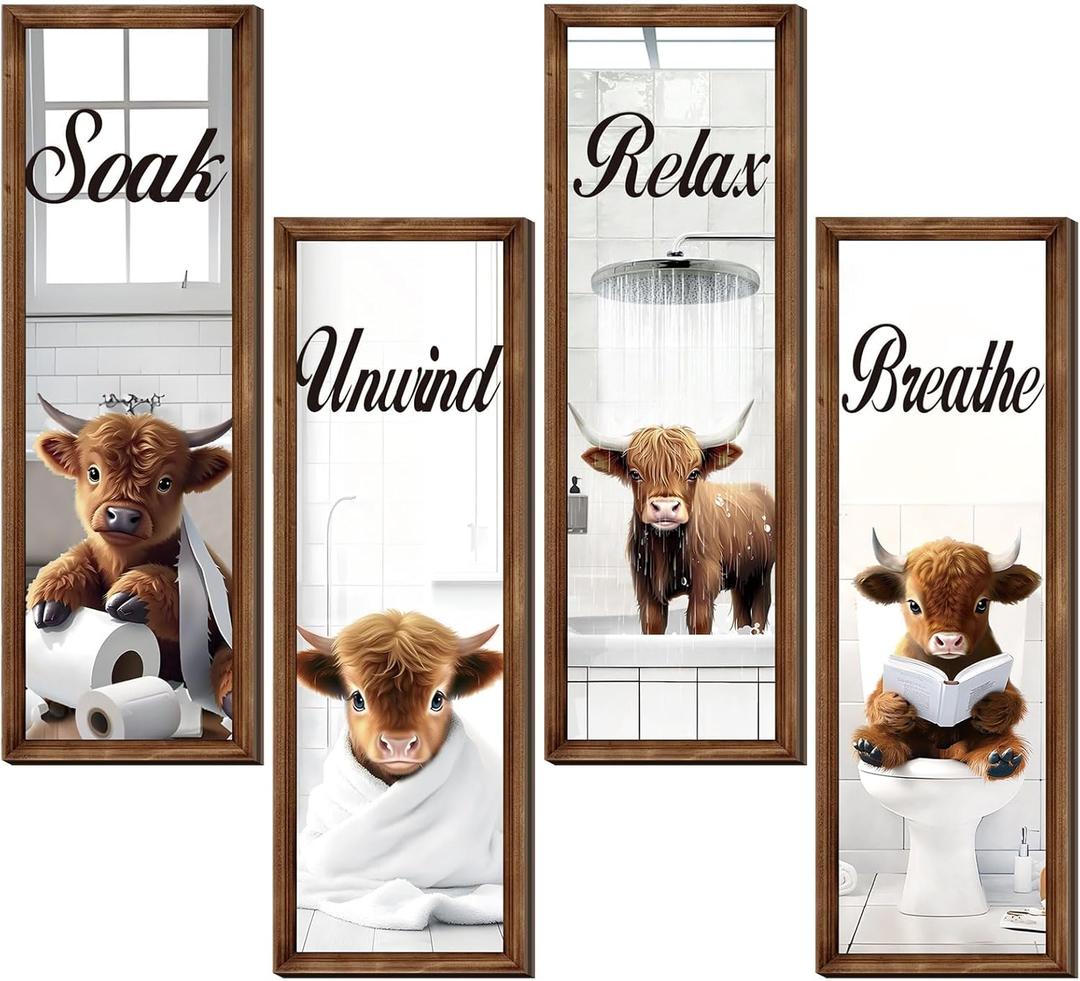 Honoson 4 Pcs Highland Cow Funny Bathroom Decor Wall Art, Bathroom Highland Cow Art Prints Pictures Wooden Relax Soak Unwind Breathe Rustic Farmhouse Wall Decor Signs for Home Spa Laundry 4x12 Inch