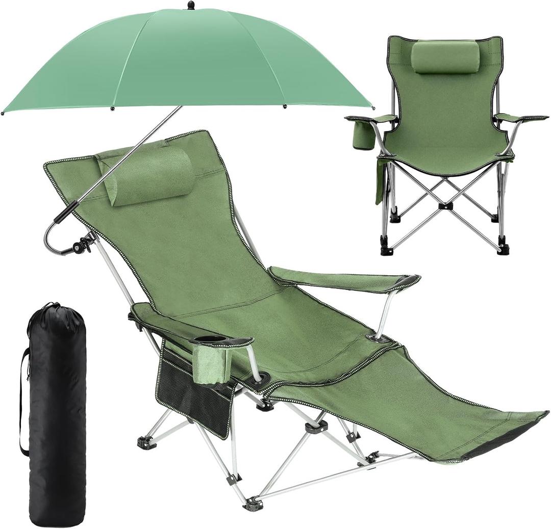 2-in-1 Reclining Camping Chair with 360 Umbrella Folding Lounge Beach Chair with Footrest and Universal Clamp UPF 50+ Adjustable Umbrella Portable Lightweight Seating for Adults Outdoor