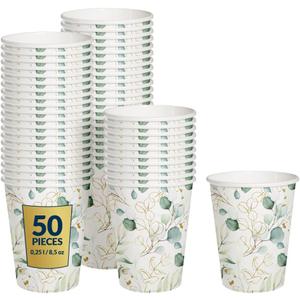 PAW - Disposable Paper Cups (8,5 oz, 50-Pack), Hot & Cold Paper Coffee Cups, Floral Drinking Cups with Golden Eucalyptus Theme for Party, Wedding, Garden Party, BBQ, Picnic