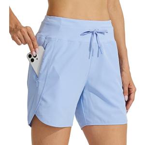 Willit Women's 5" Workout Shorts Athletic Running Shorts High Waisted with Zipper Pocket Gym Quick Dry Hiking Sports Light Blue S