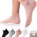 DIBAOLONG Pilates Socks with Grips for Women, Grip Socks Non Slip Yoga Socks for Barre Hospital Grippy Socks 4 Pairs (8-10, 1black+1grey+1pink+1white)