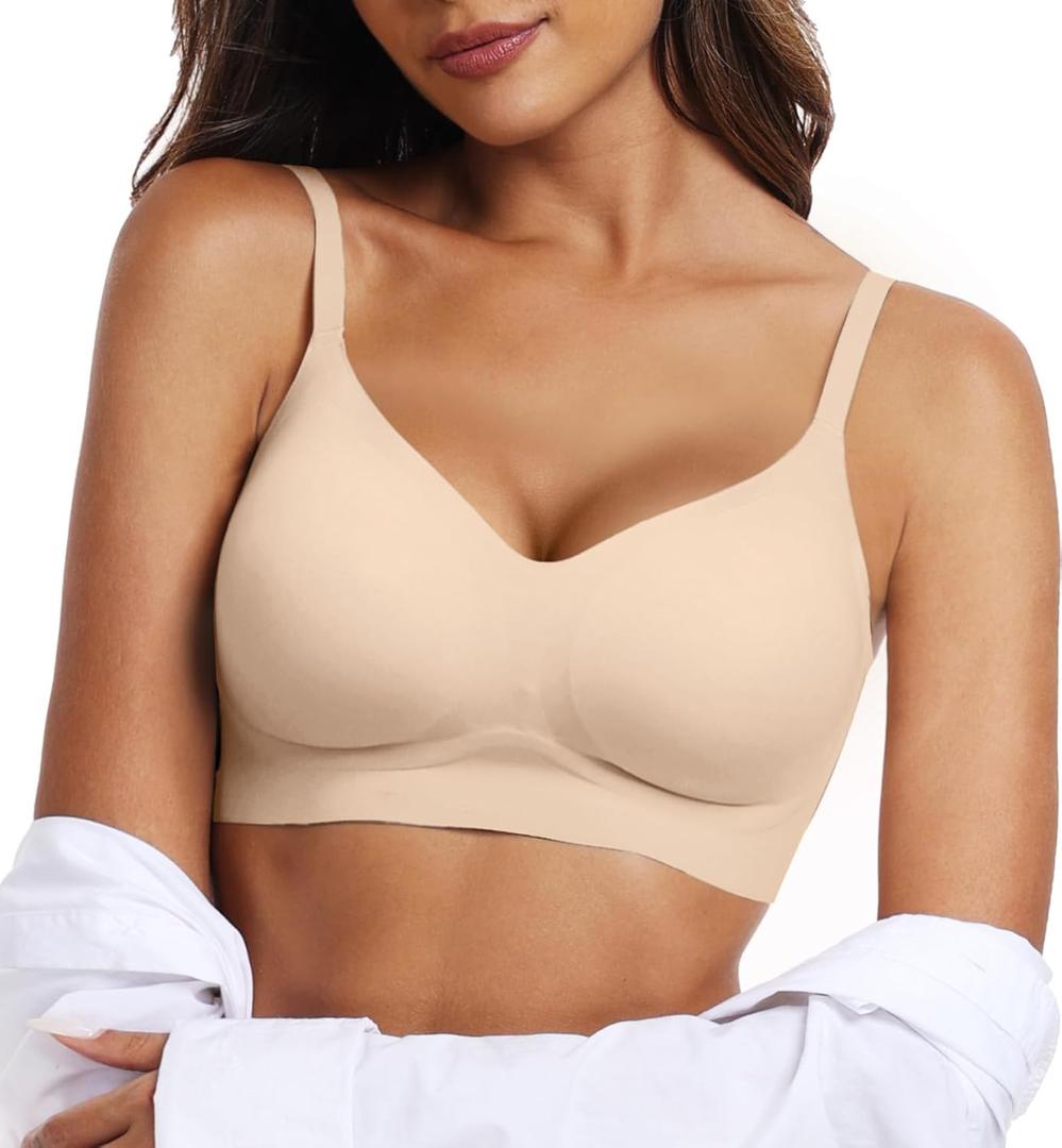 OEAK Womens Wireless Bras Comfortable Push Up Bra No Underwire Bra Full Support Lift Bralette Everyday Seamless Tshirt Bras (Medium, Beige)