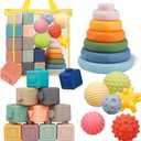 Montessori Toys for Babies,Soft Stacking Building Blocks Rings Balls Sets,3 in 1 Baby Toy Bundle,Sensory Toy for Kids, Soft Teething Toys for Babies,Baby Gifts for Boy Girl