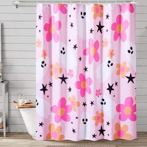 Cute Pink Halloween Shower Curtain for Bathroom Aesthetic Halloween Decorations, Funky Groovy Floral Ghost Spirit Shower Curtain Set, Modern Y2K Gothic Spooky Preppy Bath Curtain (72"W x 72"L (Pack of 1))