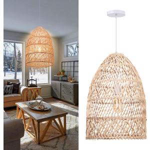 Arturesthome Natural Rattan Pendant Light, Woven Lantern Chandelier Pendant Lamp Shade, Hanging Ceiling Light, Handmade Lampshade for Kitchen Island Hallway Foyer, 13.7" * 19.68"