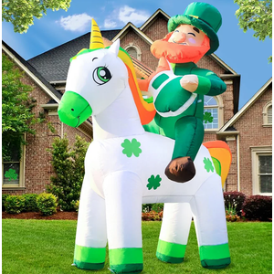 DomKom St. Patricks Day Inflatable Decorations, 5ft Happy Leprechaun Blow Up Décor Built-in LED Lights on Unicorn Playing Guitar, Lucky Day for Outdoor Holiday Party Lawn Yard Garden Patio