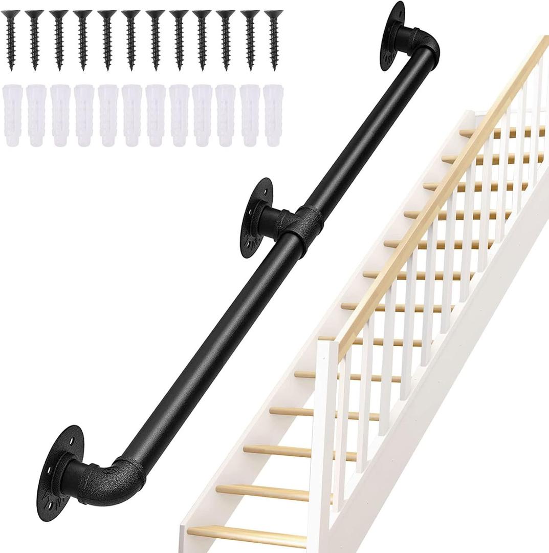 Seeutek Stair Railing 6.6FT Staircase Handrails for Indoor Stairs Hand Railings for Stairs Metal Railing Black Wrought Iron Pipe Handrail with Wall Mount Support