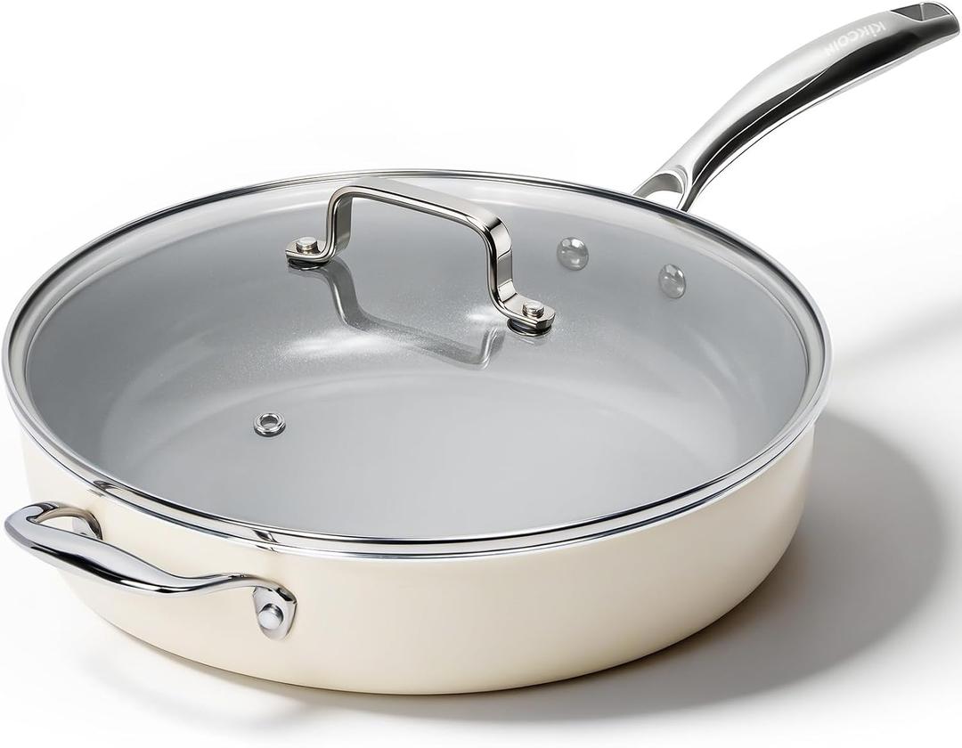 Kikcoin Nonstick Frying Pan with Lid - 12 inch Ceramic Deep Frying Pan for Cooking - 5 QT Large Saute Pan with Stay Cool Handle, Induction Ready, PFAS/PTFE/PFOA Free, All Oven/Dishwasher Safe