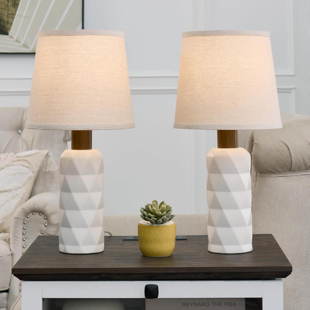 White Ceramic Table Lamp 3 Way Dimmable Bedside Pottery Lamp Set of 2 with Pallid Shade 20 Modern Nightstand Desk Lamp for Living Room Bedroom Farmhouse Dining Room(JC-11-2PK-WHS)