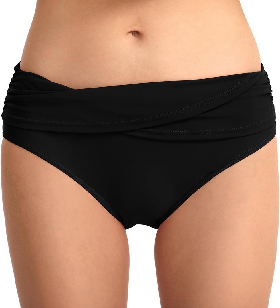 Women's Swimsuit Bikini Bottoms Full Coverage Ruched Bathing Suit Bottom (Black, M)