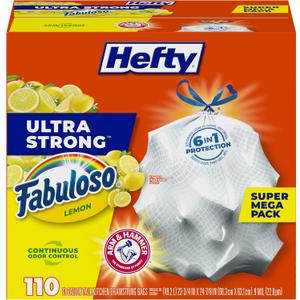Hefty Ultra Strong 13 Gallon Trash Bags, Tall Kitchen Trash Bags 13 Gallon Size, Resist Leaks, Punctures, and Rips, Continuous Odor Control, White, Fabuloso Lemon Scent, 110 Bags