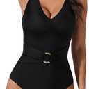 SUUKSESS Women Retro One Piece Swimsuit Gold Metal Tummy Control V Neck Bathing Suit Sexy High Waisted Swimwear (Black,L)