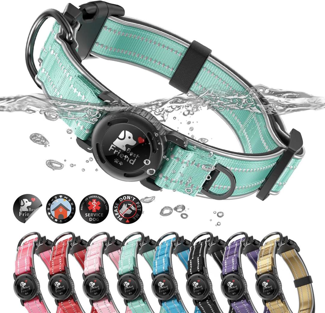 Upgrade Airtag Dog Collar,with IPX8 Waterproof AirTag Holder | Reflective Ultra-Durable | Soft Padded | Lock Buckle | Heavy Duty | Fit Small Medium Large DogsTealL(17"23")