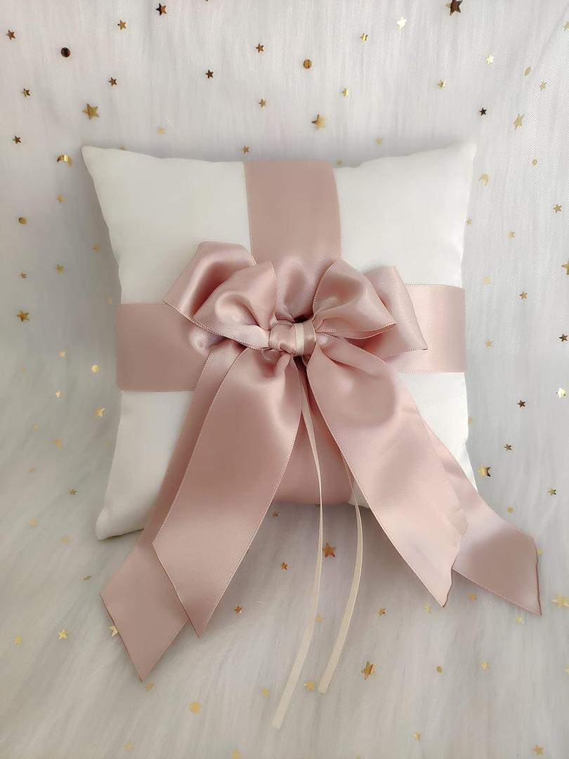 White Ring Bearer Pillow with Double Ribbon Bow Dcor for Wedding Ceremony Vow Renewal Baby Shower Party Favor (Pillow)